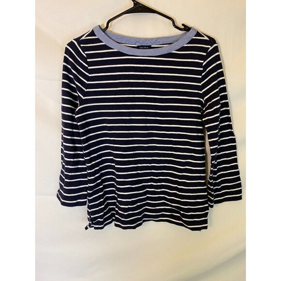 NAUTICA WOMENS SIZE SMALL NAVY STRIPE LONG SLEEVE TOP SHIRT BLOUSE NAUTICAL - Picture 1 of 2